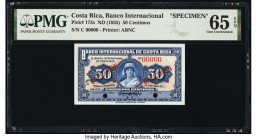Costa Rica Banco Internacional de Costa Rica 50 Centimos ND (1935) Pick 173s Specimen PMG Gem Uncirculated 65 EPQ. Cancelled with 2 punch holes. 

HID...
