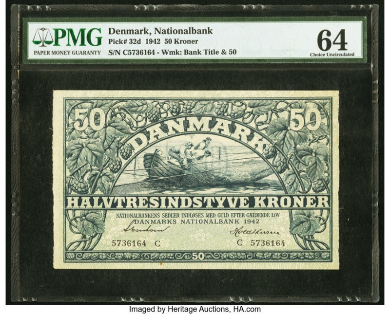 Denmark National Bank 50 Kroner 1942 Pick 32d PMG Choice Uncirculated 64. 

HID0...