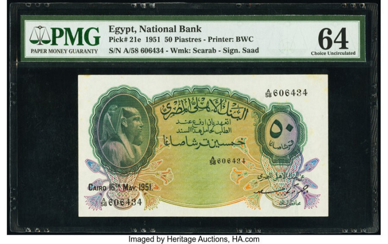 Egypt National Bank of Egypt 50 Piastres 16.5.1951 Pick 21e PMG Choice Uncircula...