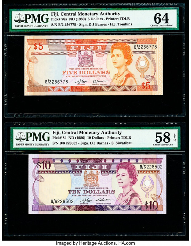 Fiji Central Monetary Authority 5; 10 Dollars ND (1980); ND (1986) Pick 78a; 84 ...
