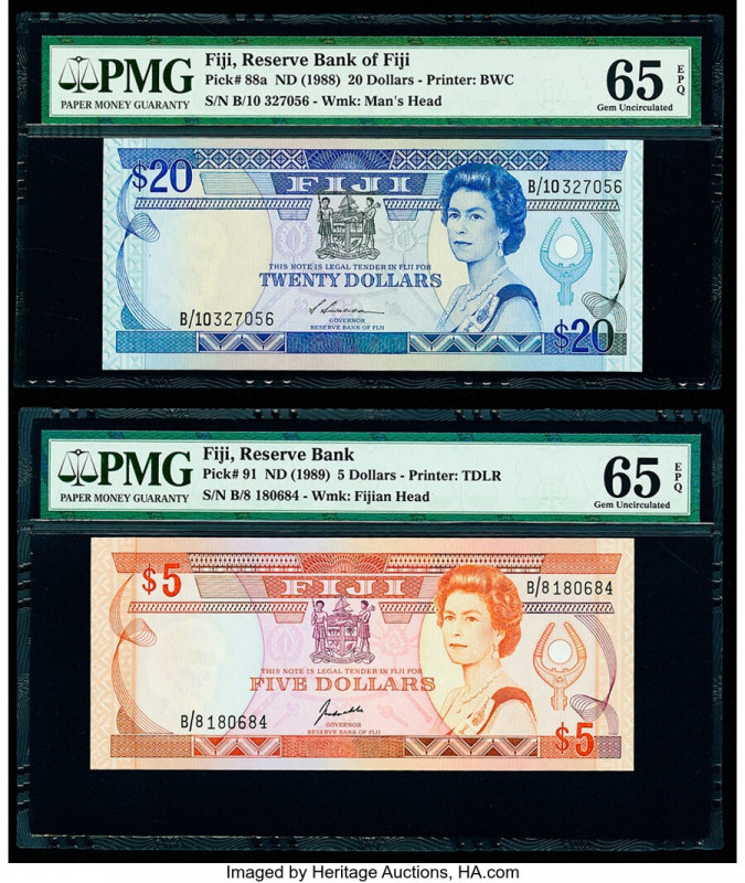 Fiji Reserve Bank of Fiji 20; 5 Dollars ND (1988); ND (1989) Pick 88a; 91 Two Ex...