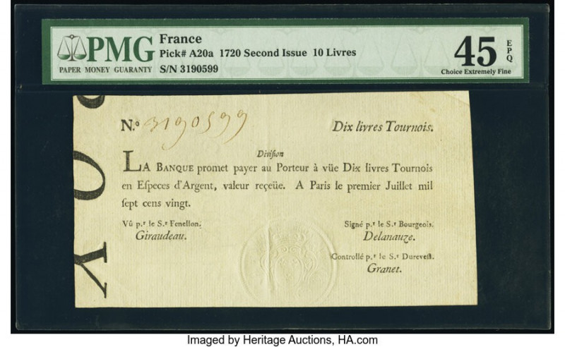 France La Banque Royale 10 Livres 1720 Pick A20a PMG Choice Extremely Fine 45 EP...