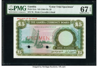 Gambia The Gambia Currency Board 5 Pounds ND (1965-70) Pick 3cts Color Trial Specimen PMG Superb Gem Unc 67 EPQ. Red Specimen overprints and two POCs....