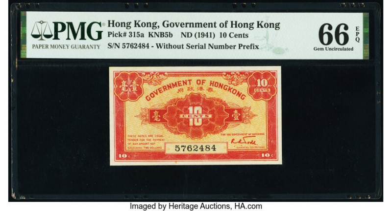 Hong Kong Government of Hong Kong 10 Cents ND (1941) Pick 315a KNB5b PMG Gem Unc...