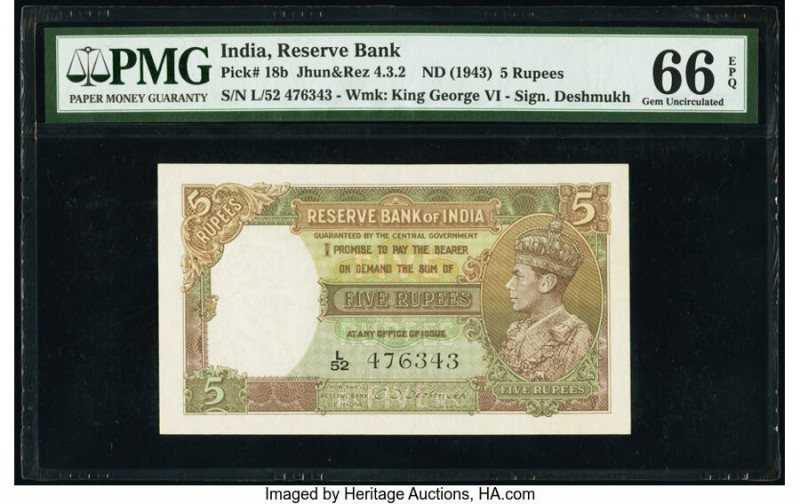 India Reserve Bank of India 5 Rupees ND (1943) Pick 18b Jhun4.3.2 PMG Gem Uncirc...