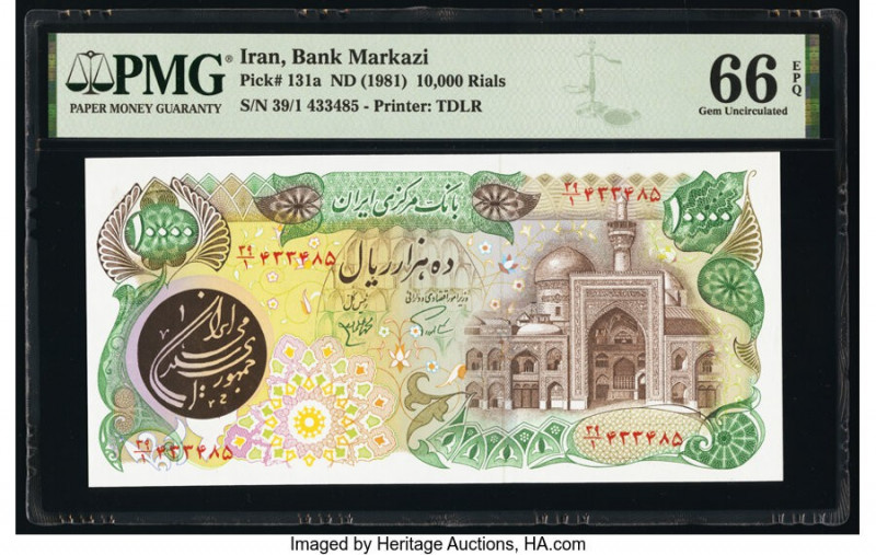 Iran Bank Markazi 10,000 Rials ND (1981) Pick 131a PMG Gem Uncirculated 66 EPQ. ...