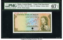 Malta Central Bank of Malta 10 Shillings 1967 (ND 1968) Pick 28cts Color Trial Specimen PMG Superb Gem Unc 67 EPQ. Red Specimen overprints and one POC...