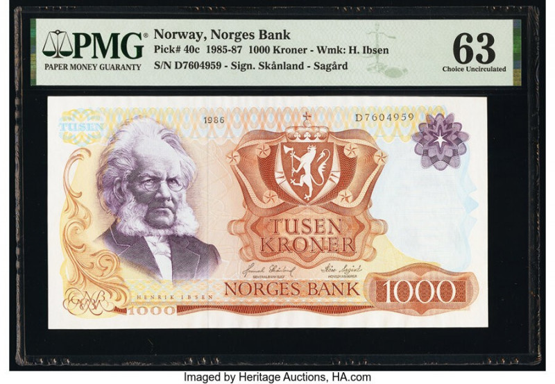 Norway Norges Bank 1000 Kroner 1986 Pick 40c PMG Choice Uncirculated 63. 

HID09...