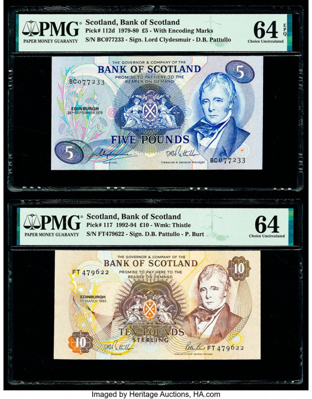 Scotland Bank of Scotland 5; 10 Pounds 28.9.1979; 9.3.1993 Pick 112d; 117 Two Ex...