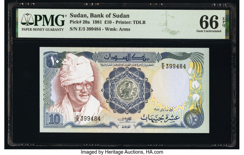 Sudan Bank of Sudan 10 Pounds 1981 Pick 20a PMG Gem Uncirculated 66 EPQ. 

HID09...