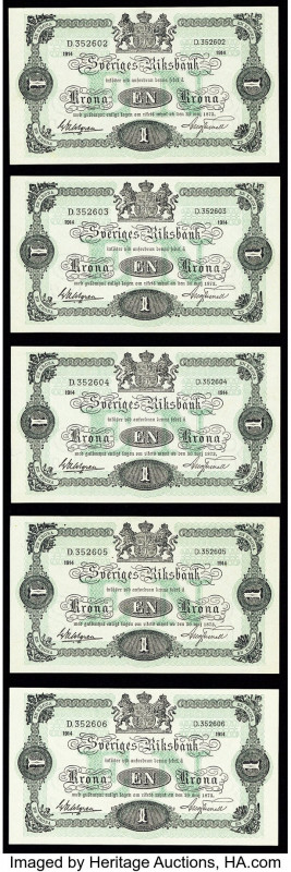 Sweden Sveriges Riksbank 1 Krona 1914 Pick 32a Five Consecutive Examples Crisp U...