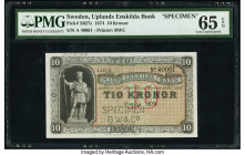 Sweden Uplands Enskilda Bank 10 Kronor 1874 Pick S627s Specimen PMG Gem Uncirculated 65 EPQ. Roulette Specimen punch and printer's annotation.

HID098...