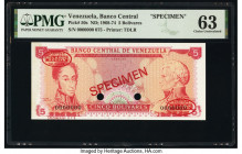 Venezuela Banco Central De Venezuela 5 Bolivares ND (1968-74) Pick 50s Specimen PMG Choice Uncirculated 63. Red Specimen & TDLR overprints, two POCs a...