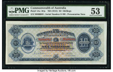 Australia Commonwealth of Australia 10 Shillings ND (1913) Pick 1Ac R1a Serial Number 89 Presentation Note PMG About Uncirculated 53. A gorgeous seria...