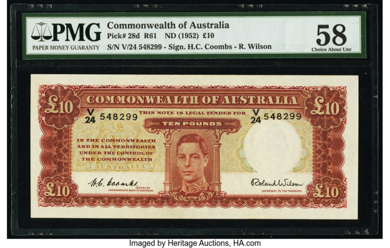 Australia Commonwealth Bank of Australia 10 Pounds ND (1952) Pick 28d R61 PMG Ch...