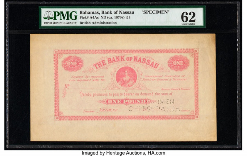 Bahamas Bank of Nassau 1 Pound ND (ca. 1870) Pick A4As Specimen PMG Uncirculated...