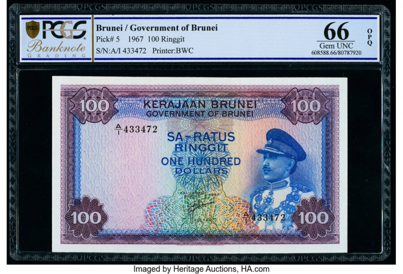 Brunei Government of Brunei 100 Ringgit 1967 Pick 5 KNB5a PCGS Banknote Gem UNC ...