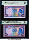 Brunei Government of Brunei 100 Ringgit 1967 Pick 5 KNB5a Two Examples PMG Choice Uncirculated 64 (2). Both of these deeply inked examples are from th...