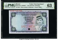 Brunei Government of Brunei 50 Ringgit ND (1973-86) Pick 9cts KNB9 Color Trial Specimen PMG Choice Uncirculated 63. Purple and other pastel hues beaut...