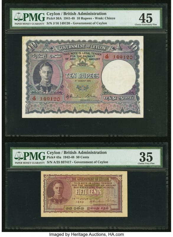 Ceylon Government and Central Bank Group of 5 Royal Portrait Notes PMG Graded. F...