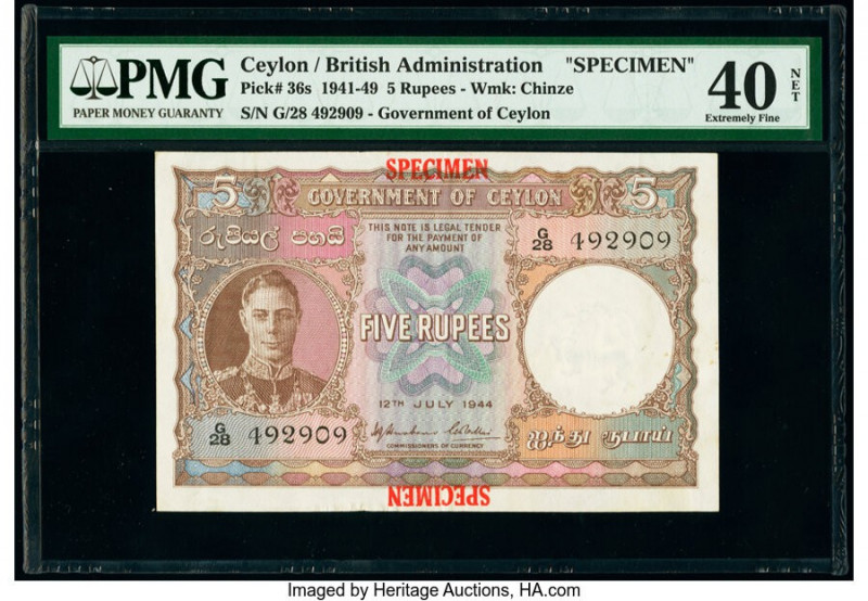 Ceylon Government of Ceylon 5 Rupees 12.7.1944 Pick 36s Specimen PMG Extremely F...