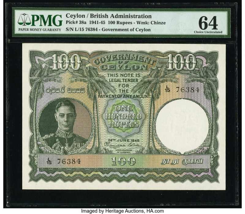 Ceylon Government of Ceylon 100 Rupees 24.6.1945 Pick 38a PMG Choice Uncirculate...