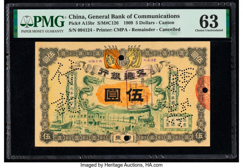 China General Bank of Communications, Canton 5 Dollars 1.3.1909 Pick A15br S/M#C...