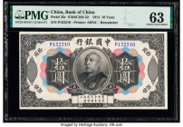 China Bank of China 10 Yuan 4.10.1914 Pick 35r S/M#C294-52 Remainder PMG Choice Uncirculated 63. A simply handsome and desirable type, seen here in Re...