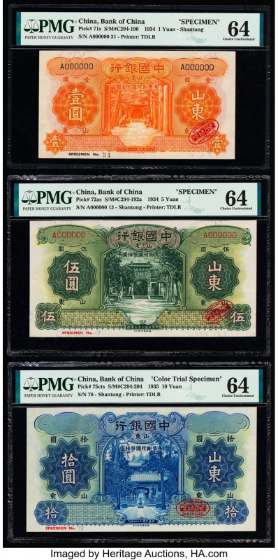 China Bank of China, Shantung 1; 5; 10 Yuan 1934 (2); 1935 Pick 71s; 72as; 75cts...