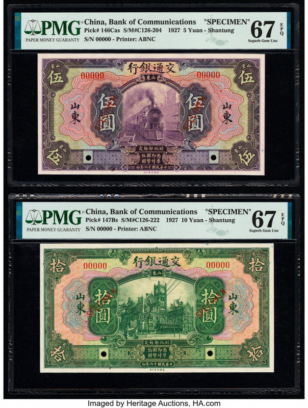 China Bank of Communications, Shantung 5; 10 Yuan 1927 Pick 146Cas; 147Bs Two Sp...