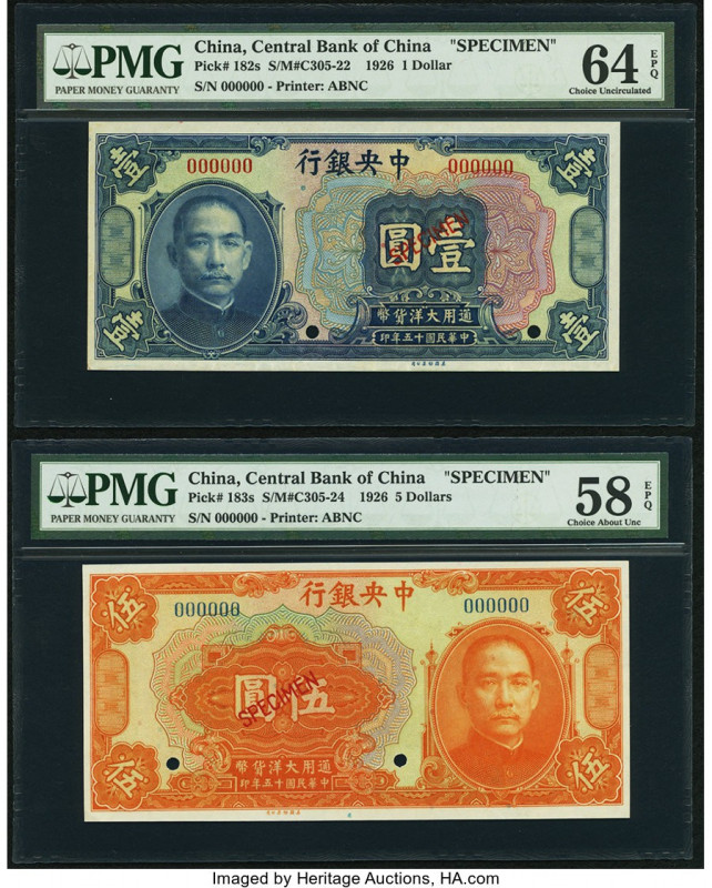 China Central Bank of China 1; 5 Dollars 1926 Pick 182s; 183s Two Specimen PMG C...