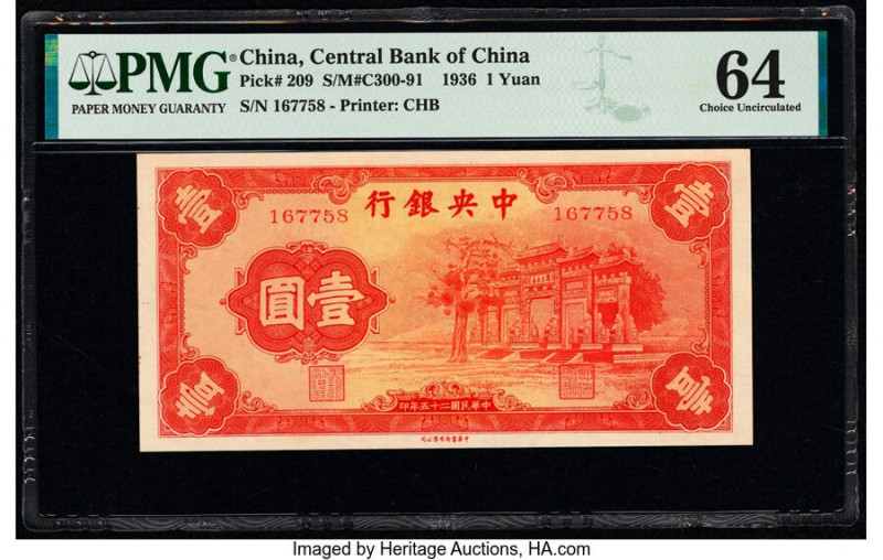 China Central Bank of China 1 Yuan 1936 Pick 209 S/M#C300-91 PMG Choice Uncircul...