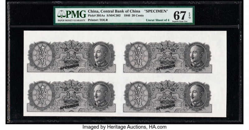 China Central Bank of China 20 Cents 1946 Pick 395As S/M#C302 Uncut Sheet of 4 S...