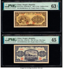China People's Bank of China 5; 20 Yuan 1949 Pick 813a; 823a Two Examples PMG Choice Uncirculated 63 EPQ; Choice Extremely Fine 45. Two smaller denomi...