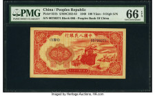 China People's Bank of China 100 Yuan 1949 Pick 831b S/M#C282-43 PMG Gem Uncirculated 66 EPQ. Complete originality is seen on this scarce 100 Yuan fro...