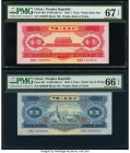 China People's Bank of China 1; 2 Yuan 1953 Pick 866; 867 Two Examples PMG Superb Gem Unc 67 EPQ; Gem Uncirculated 66 EPQ. Fantastic originality and e...