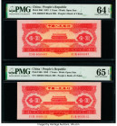 China People's Bank of China 1 Yuan 1953 Pick 866 Two Examples PMG Choice Uncirculated 64 EPQ; Gem Uncirculated 65 EPQ. A well preserved and deeply co...