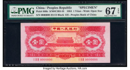 China People's Bank of China 1 Yuan 1953 Pick 866s S/M#C283-10 Specimen PMG Superb Gem Unc 67 EPQ. Red overprints compliment the original color scheme...