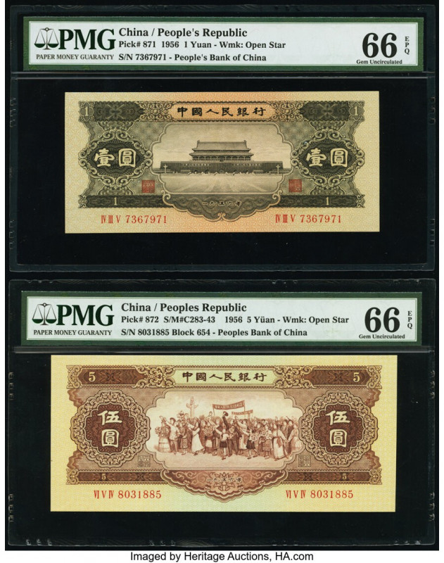 China People's Bank of China 1; 5 Yuan 1956 Pick 871; 872 Two Examples PMG Gem U...