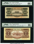 China People's Bank of China 1; 5 Yuan 1956 Pick 871; 872 Two Examples PMG Gem Uncirculated 66 EPQ (2). Desirable, pack fresh Uncirculated notes are o...