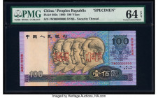 China People's Bank of China 100 Yuan 1990 Pick 889s Specimen PMG Choice Uncirculated 64 EPQ. Pleasing technical features are found on this highest de...