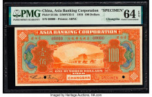 China Asia Banking Corporation, Changsha 100 Dollars 1918 Pick S116s S/M#Y35-5 Specimen PMG Choice Uncirculated 64 EPQ. A bright orange example from t...
