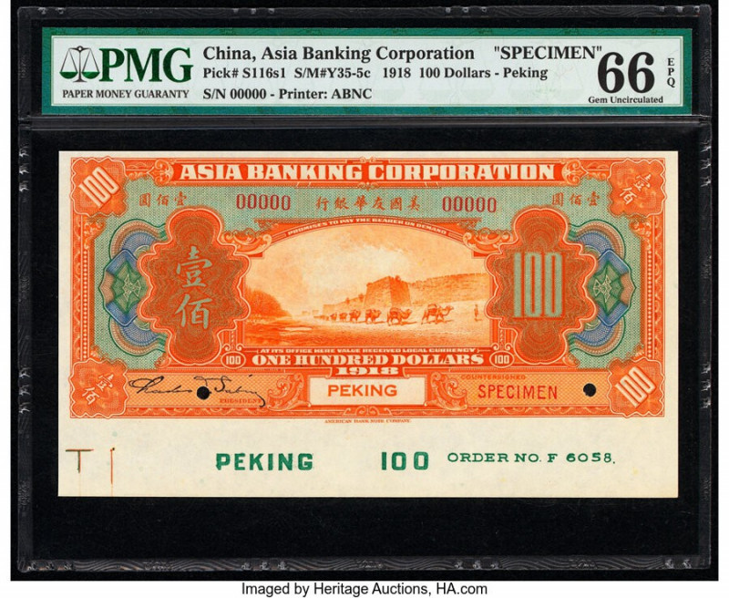 China Asia Banking Corporation, Peking 100 Dollars 1918 Pick S116s1 S/M#Y35-5c S...