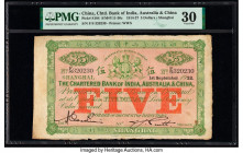China Chartered Bank of India, Australia & China, Shanghai 5 Dollars 1.9.1922 Pick S184 S/M#Y11-30c PMG Very Fine 30. An excellent, large format note,...