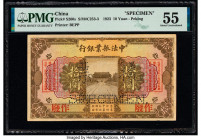 China Credit Commercial Sino-Francais, Peking 10 Yuan 1.8.1923 Pick S260s S/M#C253-3 Specimen PMG About Uncirculated 55. Prepared by the American Bank...