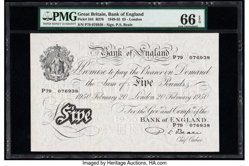 Great Britain Bank of England 5 Pounds 20.2.1950 Pick 344 Two Consecutive Exampl...