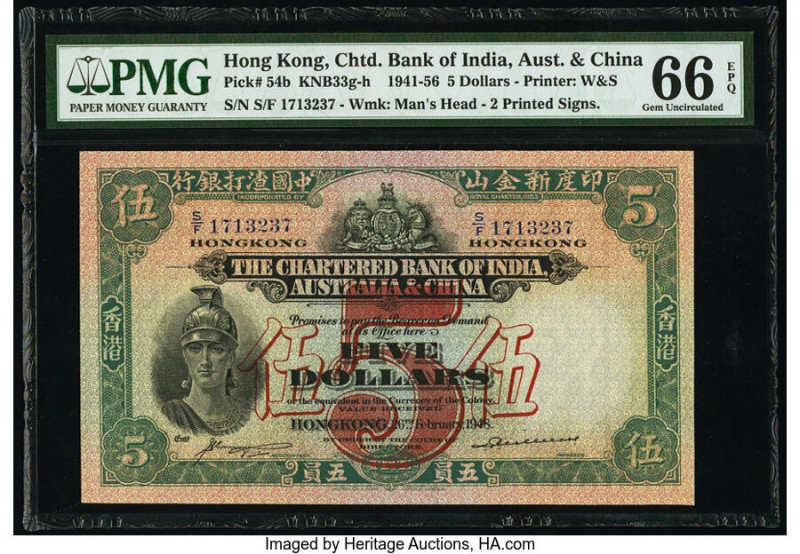 Hong Kong Chartered Bank of India, Australia & China 5 Dollars 26.2.1948 Pick 54...