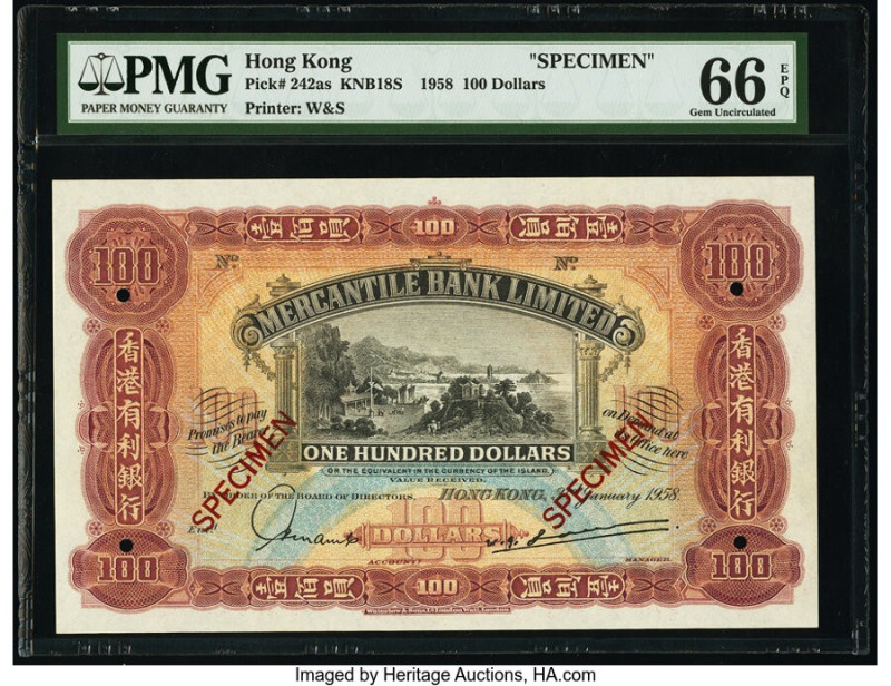 Hong Kong Mercantile Bank Ltd. 100 Dollars 3.1.1958 Pick 242as KNB18S Specimen P...