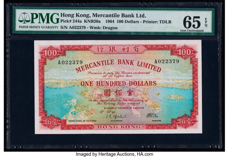 Hong Kong Mercantile Bank Ltd. 100 Dollars 28.7.1964 Pick 244a KNB20a PMG Gem Un...