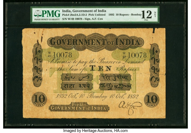 India Government of India 10 Rupees Bombay 10.10.1892 Pick UNL Jhunjhunwalla-Raz...